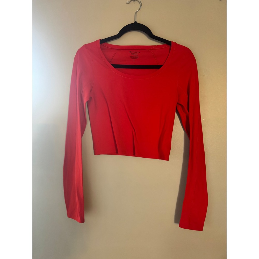 Athleta Transcend Top Red Long Sleeve Crop Scoop Neck Thumbhole Yoga Shirt Small